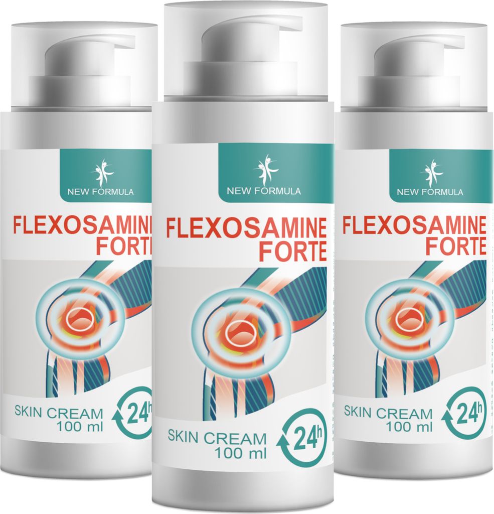 Three identical bottles of Flexosamine Forte skin cream are displayed side-by-side against a white background.