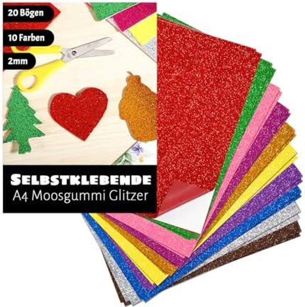 20 Bogen Moosgummi Glitzer, A4 Moosgummi Platten Selbstklebend 2mm Stark Glitzerpapier zum Basteln Bastelpapier Bunt für DIY Bastelarbeiten Handwe...