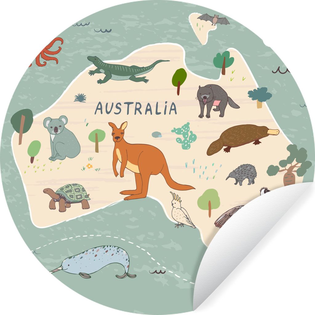 MuchoWow Runde Wandtattoo - Wandsticker Tapete Aufkleber Weltkarte Kinder - Tiere - Australien - Jungen - Blau - Kinder Ø 50 cm Selbstklebend un...