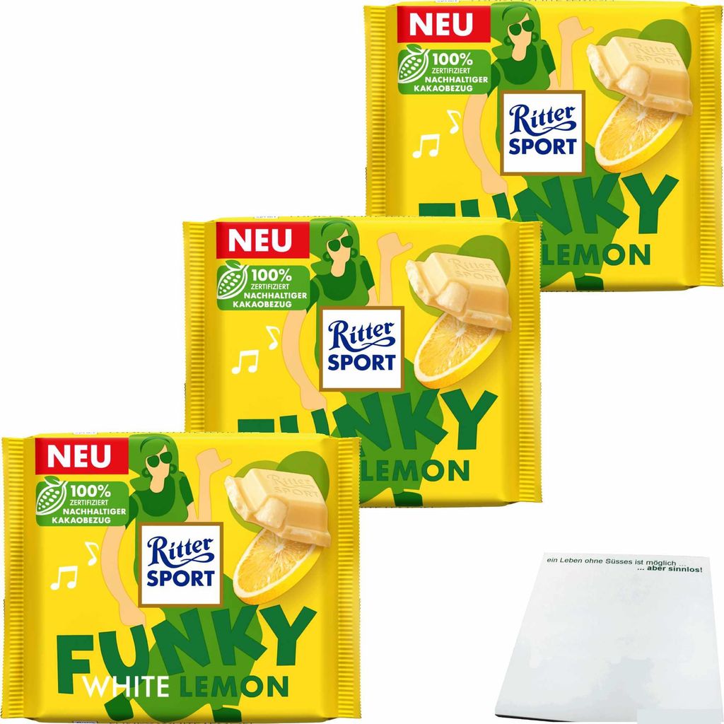Ritter Sport Vielfalt Funky White Lemon 3er Pack (3x100g Tafel) + usy Block