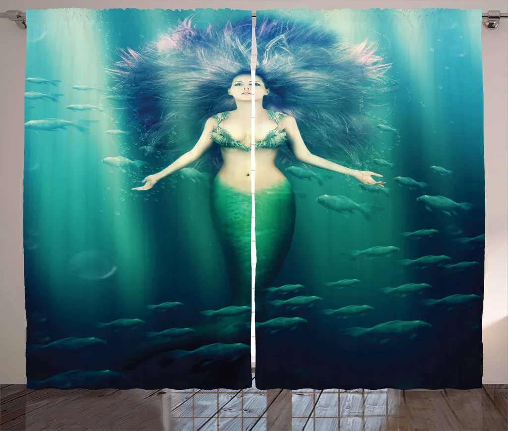 Rideaux de salon imprimés sirène et monde marin aqua lilas universels