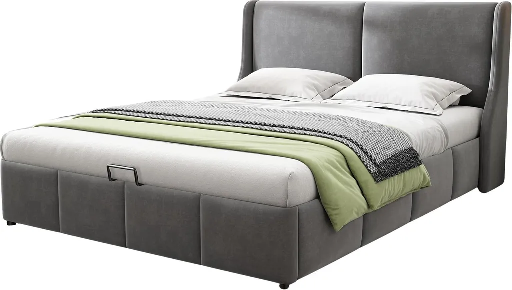 Lit Double 140x200 avec Coffre Intégré et Tête de Lit en Velours Gris - 10