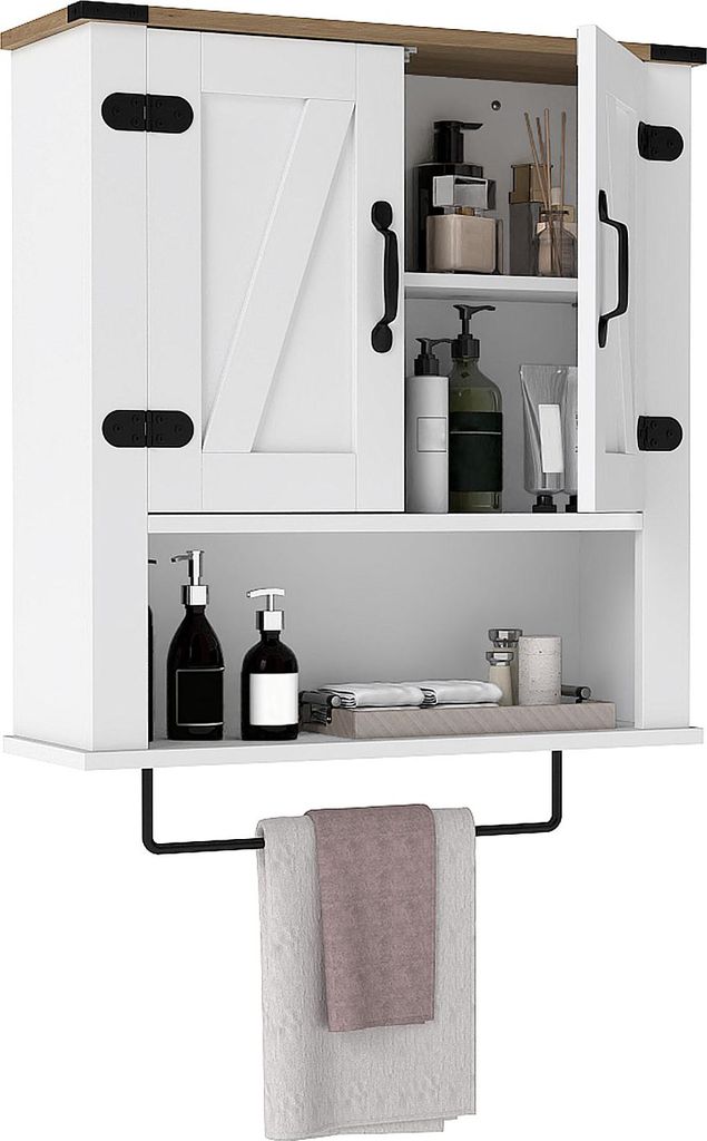 A white wooden bathroom cabinet with a towel rack and a towel hanging from it.