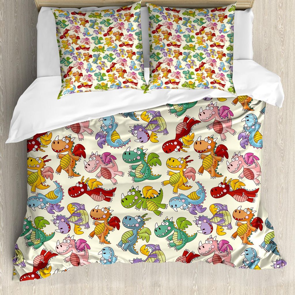 ABAKUHAUS Kinder Bettbezug Set, Baby-liebevolle niedliche gefährliche glückliche Dinasours im Regenbogen farbigen Kindertagesstätten-Kinderdruck...
