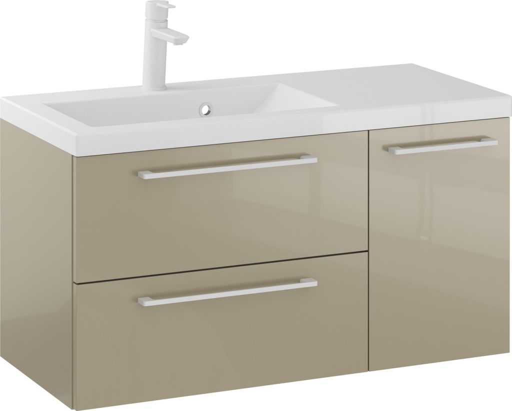Rosen 90.2 cm Badezimmerschrank in Cappuccino Hochglanz mit Waschbecken und Weißen matten Griffen - Zeitloses Design