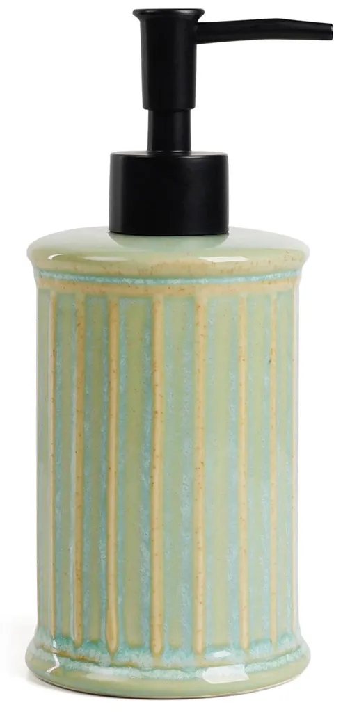 Distributeur savon vert en céramique compact avec pommeau noir design