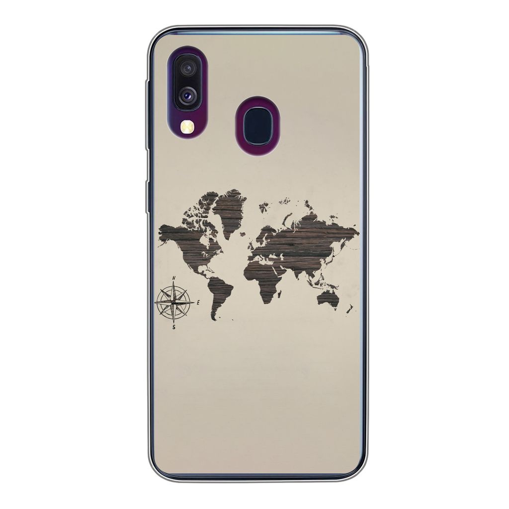 MuchoWow Handyhülle Schutzhülle Hülle für Samsung Galaxy A40 Weltkarte - Holz - Braun Silikon Softcase Handy Hülle - Handy-Tasche