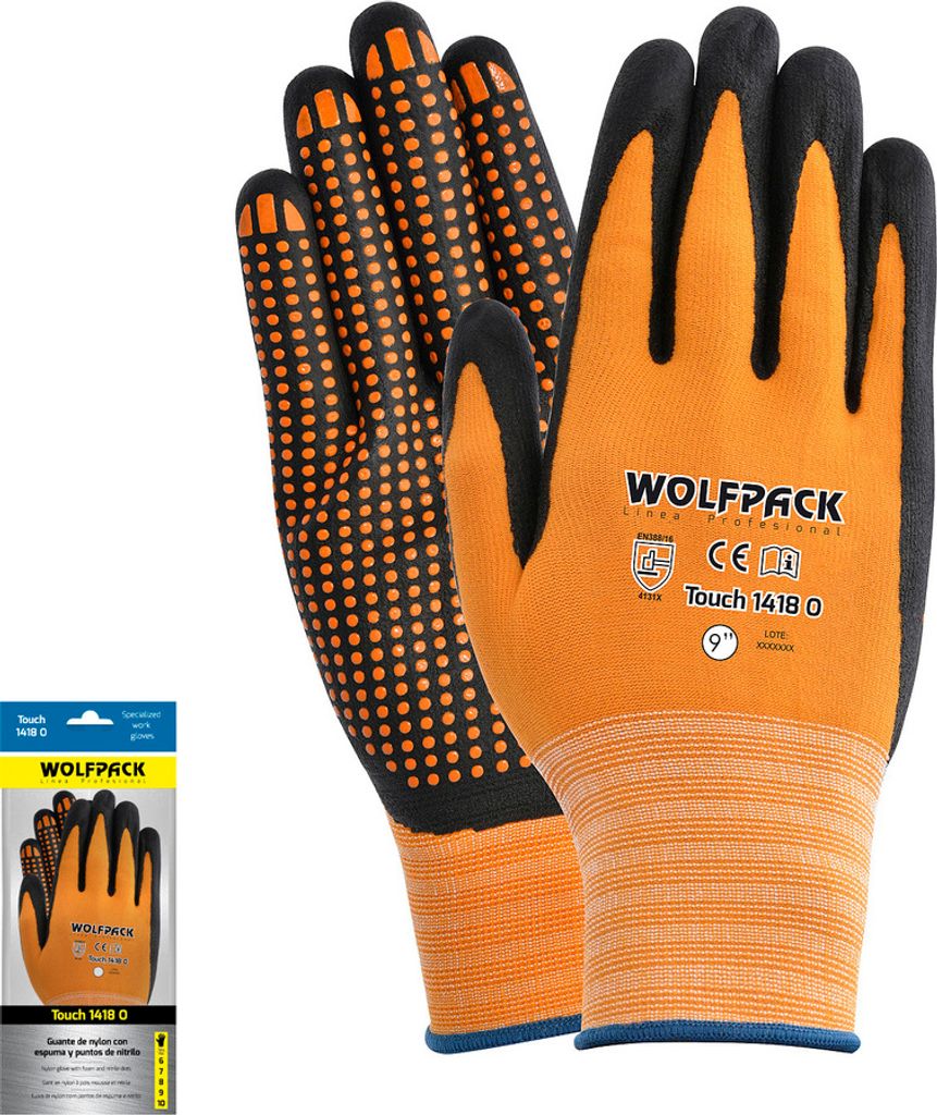 WOLFPACK LINEA PROFESIONAL Nylon-Handschuhe mit Schaumstoff-Handfläche und Nitril-Touch-Punkten WOLFPACK LINEA PROFESIONAL