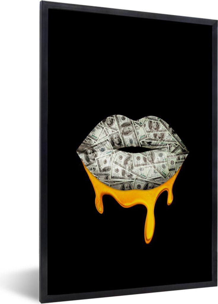 MuchoWow MuchoWow Gerahmtes Poster Lippen - Geld - Schwarz und Weiß 60x90 cm - Poster mit zchwarzem Bilderrahmen - Kunst