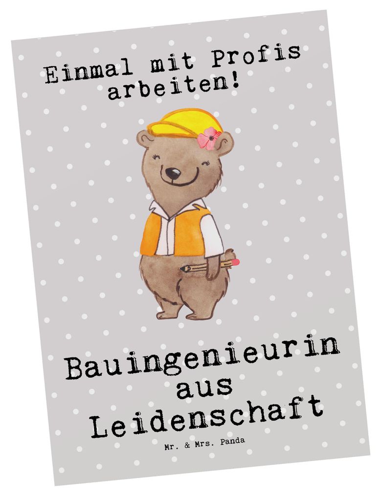 Mr. & Mrs. Panda Grußkarte Bauingenieurin Leidenschaft - Grau Pastell - Geschenk, Ansichtskarten, Lustig, Postkarte, Spruch, Baustelle, Fotokarte,...