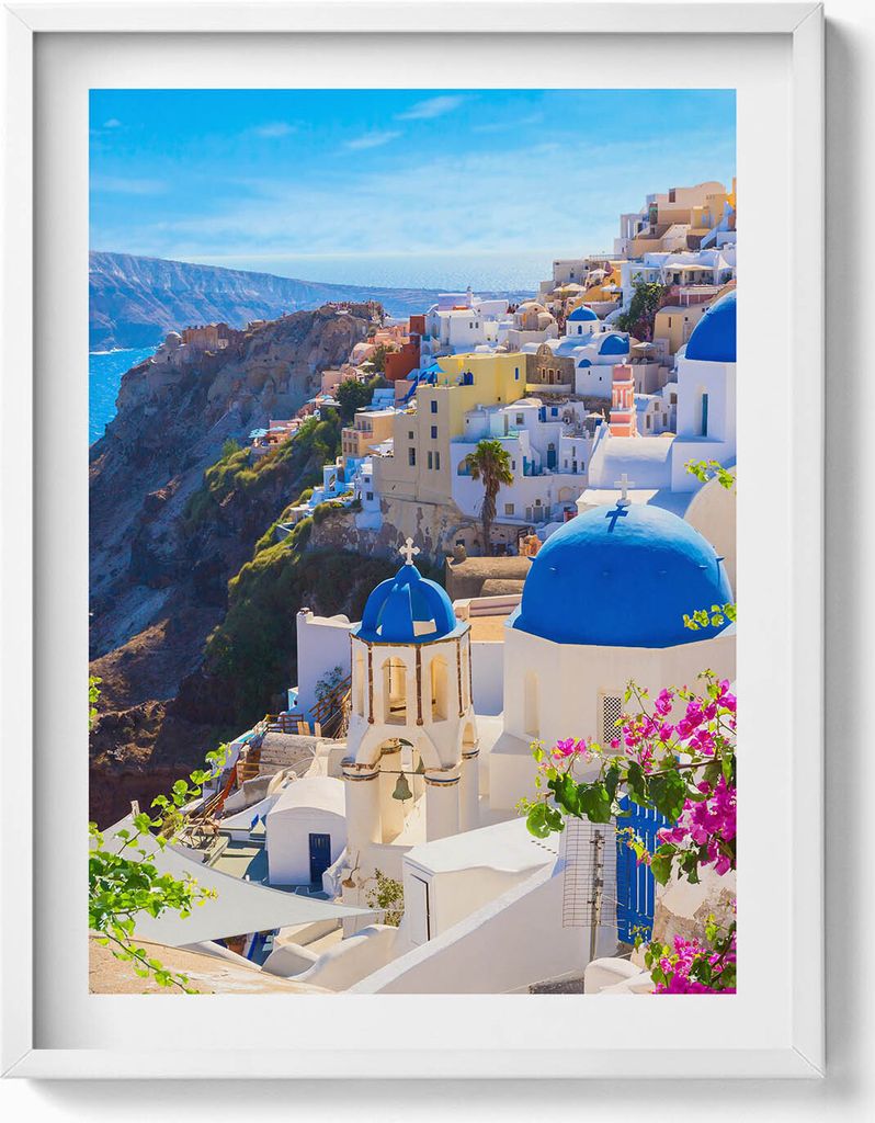 Blick auf die griechische Architektur von Santorini– Wandbild mit Rahmen – Gerahmtes Bild – Wanddekoration – 60x80 cm – Weiß Rahmen