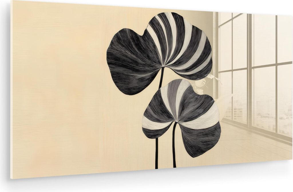 MuchoWow Glasbilder - Bilder auf Wandbild - Foto auf Glas Schwarz - Blätter - Streifen - Minimalistisch 80x40 cm Wanddekoration aus Glas - Acrylgl...