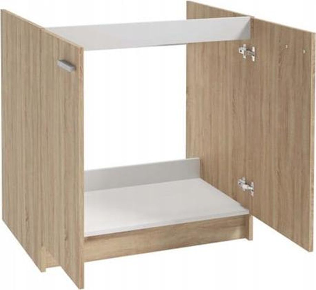 A cabinet with two doors, open to show an empty interior with shelves.