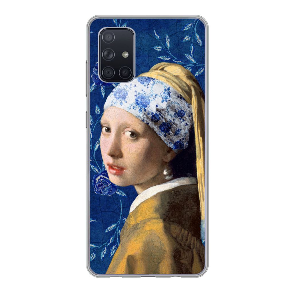 MuchoWow Handyhülle Schutzhülle Hülle für Samsung Galaxy A51 Mädchen mit Perlenohrring - Delfter Porzellan - Vermeer - Blumen - Gemälde - A...