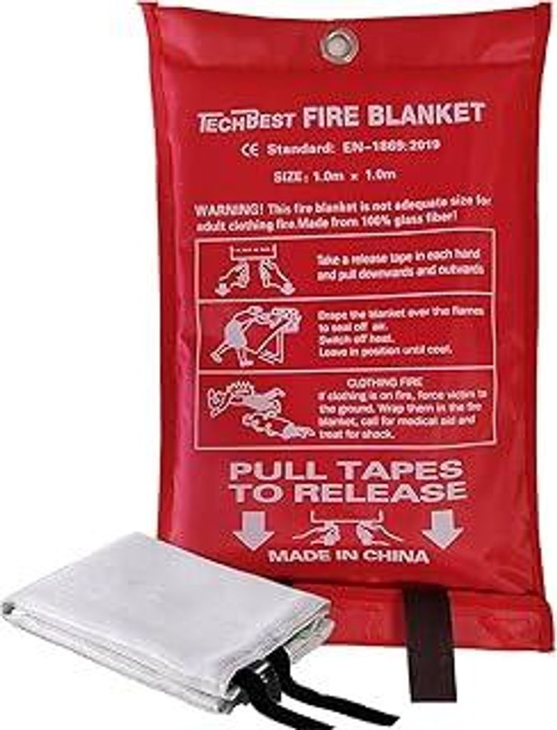 TechBest Löschdecke Küche Feuerlöschdecke - 1m x 1m Glasfaser. DIN EN 1869:2019. Brandschutzdecke für Fettfeuer in Auto, Schule, Kamin, Grill, ...