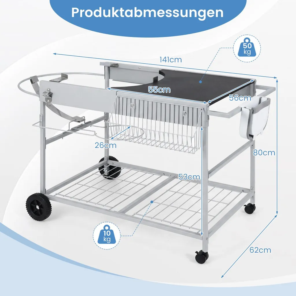 Table de barbecue mobile et support de service avec étagère à épices