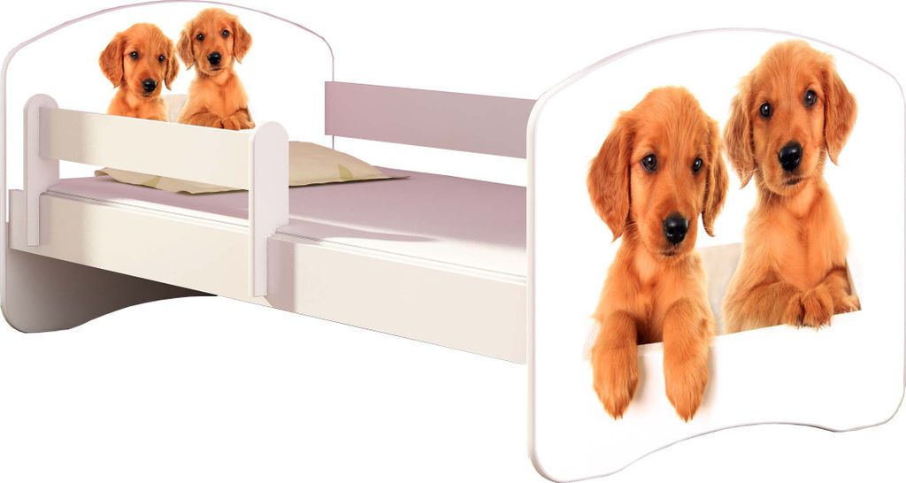 ACMA Jugendbett Kinderbett Junior-Bett Komplett-Set mit Matratze Lattenrost und Rausfallschutz Weiß 39 Welpen 160x80