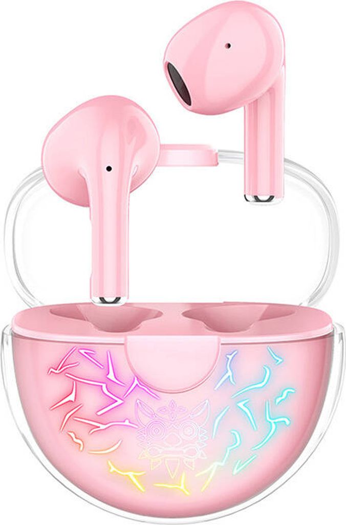A pair of pink wireless earbuds in their charging case, with colorful LED lights illuminating the case.