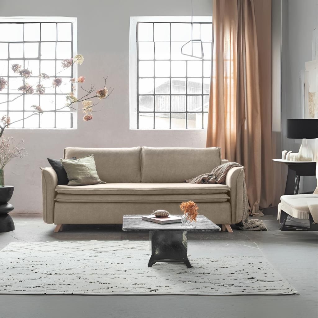 MIUFORM Charming Charlie Slim - Sofa mit Bettfunktion und Bettkasten - 225x90cm - Beige 3-Sitzer Schlafsofa