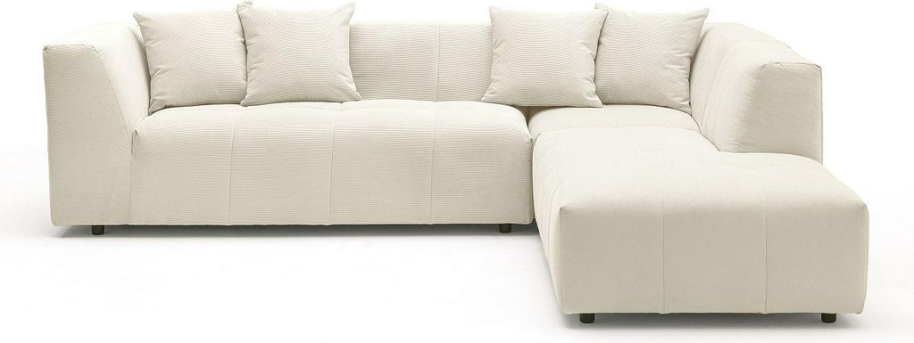 Großes Ecksofa rechts aus beigem Velours mit feinen Streifen - NAEMIA von Maison Céphy