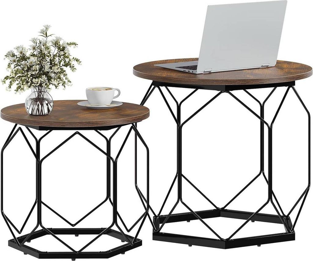 WOLTU Couchtisch 2er Set, mit runder Tischplatte, aus Holzwerkstoff Metall, Holzoptik : Rustikales Braun Farbe: Rustikales Braun
