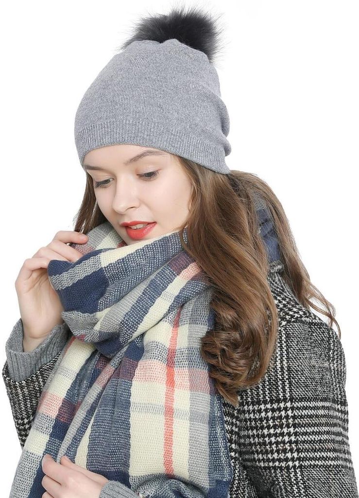 Damen Winter Bommelmütze mit abnehmbaren Bommel zum Wechseln - grau