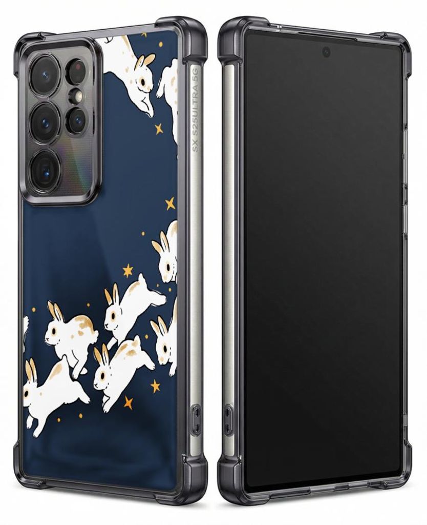 Personalisierte Hülle mit Bild für Samsung Galaxy S24 Ultra Elektroplattiert TPU Stoßdämpfer Handyhülle mit Weiße Kaninchen auf marineblauem ...