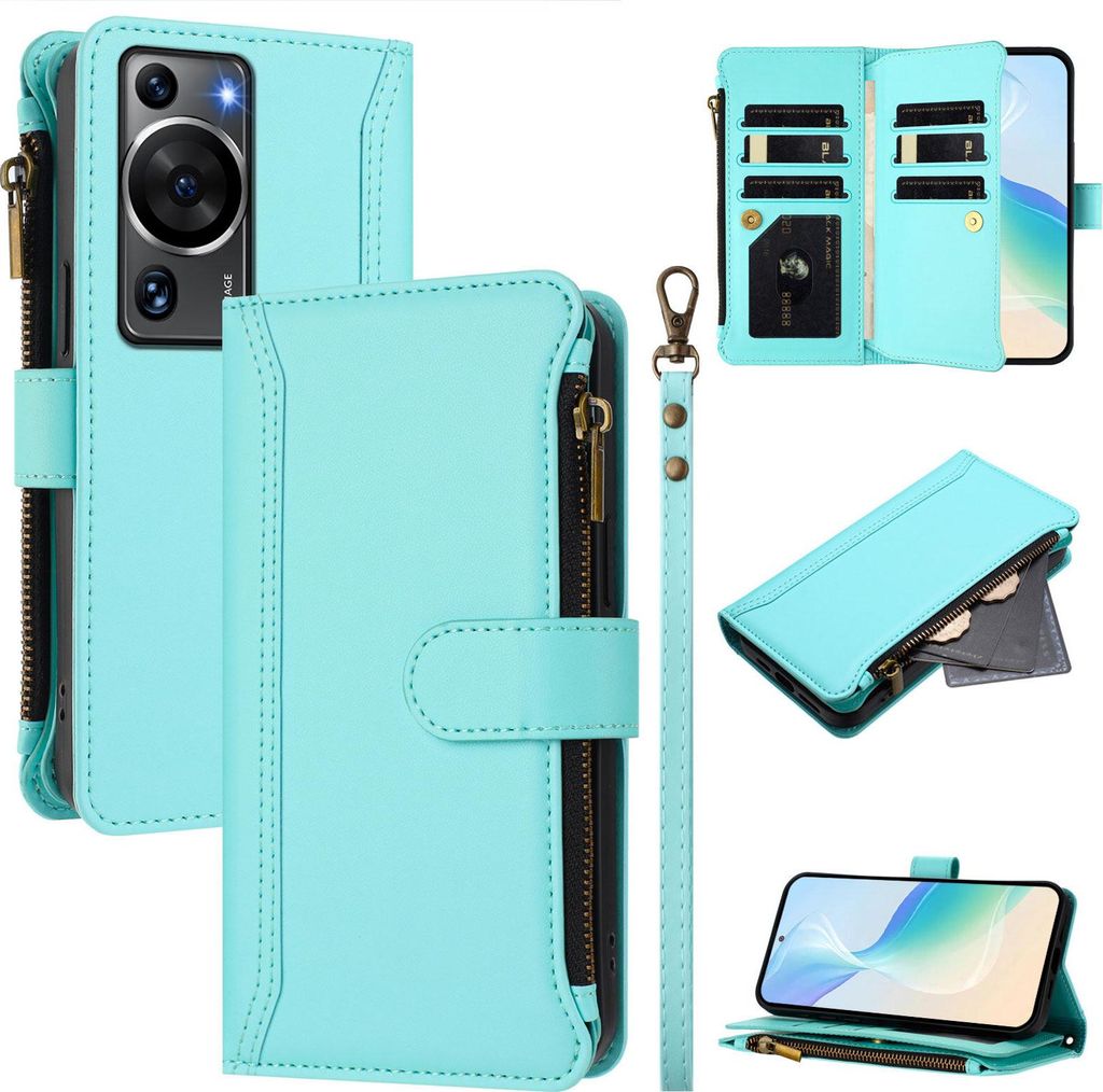 Handyhülle für Huawei P60/P60 Pro Reißverschluss Geldbörse Kunstleder Klapphülle mit Kartensteckplatz, Ständer, Handschlaufe Türkis
