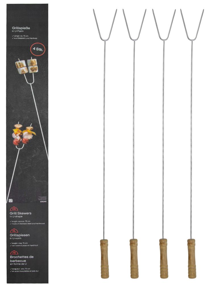 Edelstahl Grillspieß 75 cm U-Form mit Holzgriff - 4er Set - Camping Lagerfeuer Spieß lang mit Griff