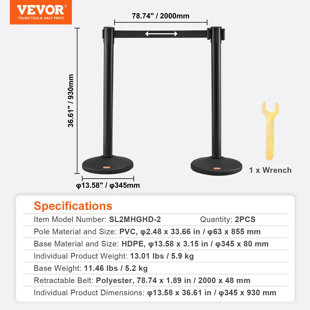 Poteau de Délimitation PVC Robuste et Sangle Rétractable Noire de 2 Mètres