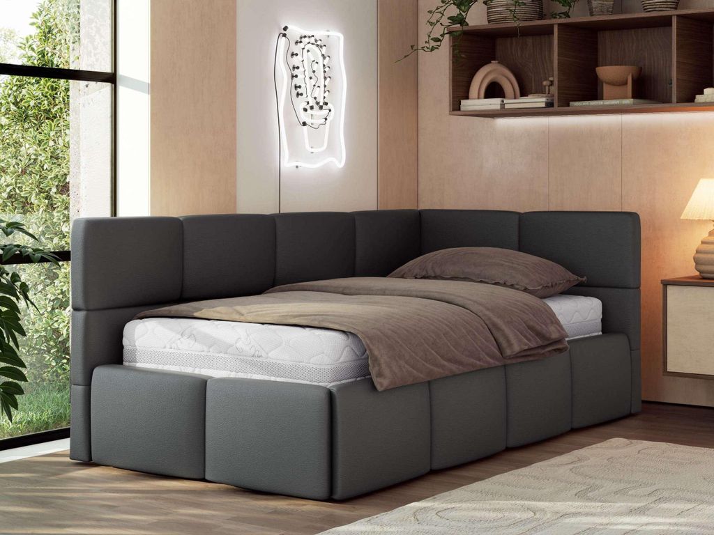 MKS MEBLE Jugendbett 90x200 cm ARVO Polsterbett mit Bettkasten, Mettalrahmen Stauraum & Gasdruckfeder, ohne Matratze - Grau Kunstleder - Rechts Seite