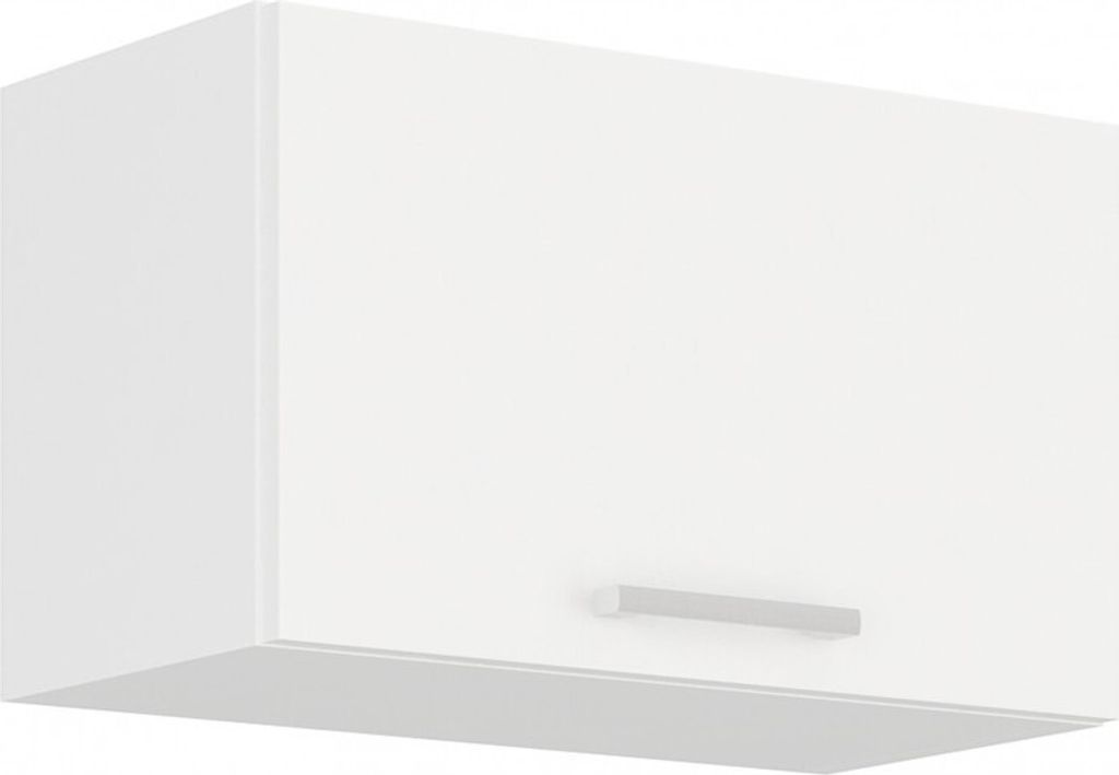 A white kitchen cabinet with a silver handle.