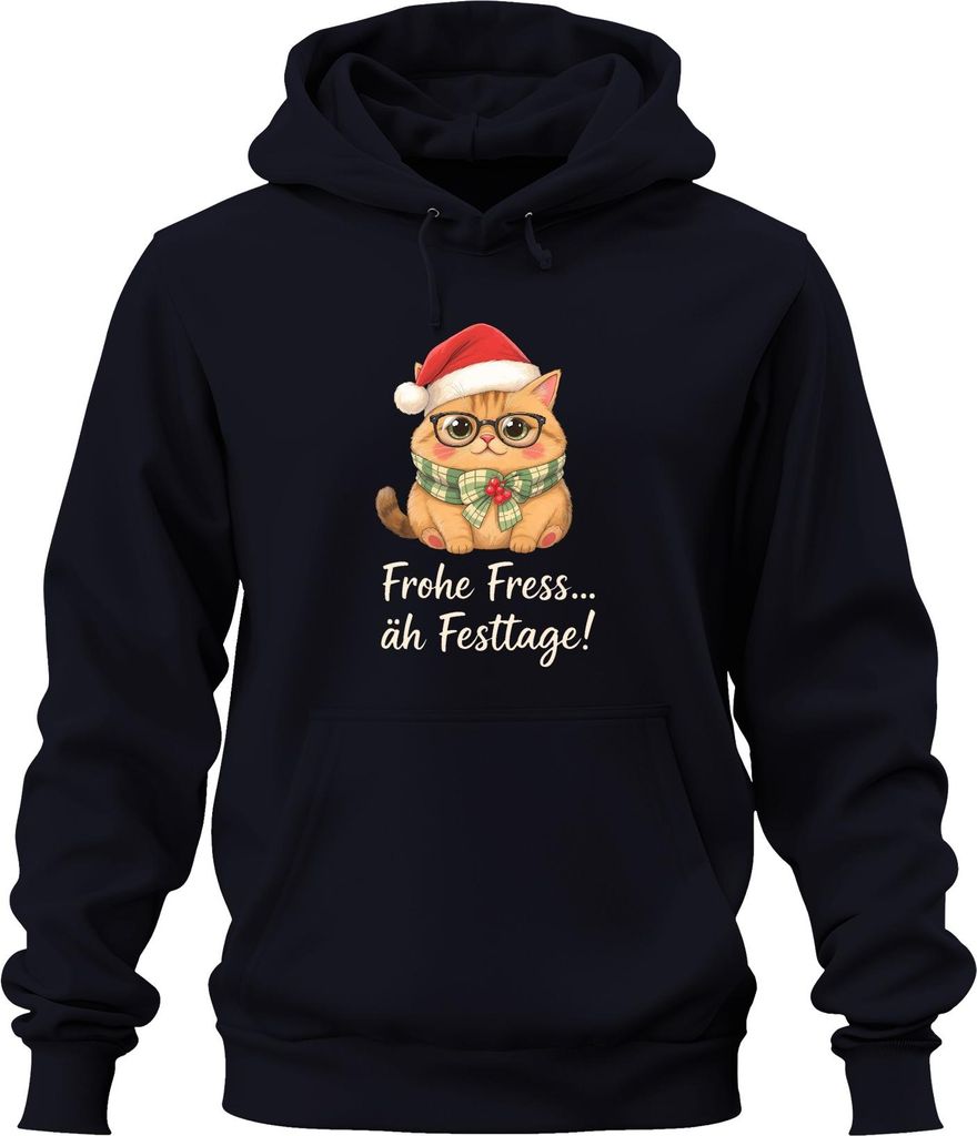 Frohe Fress äh Festtage Weihnachtskatze lustig Geschenk Niedlich Uni Hoodie Kapuzenpullover, Navy, S