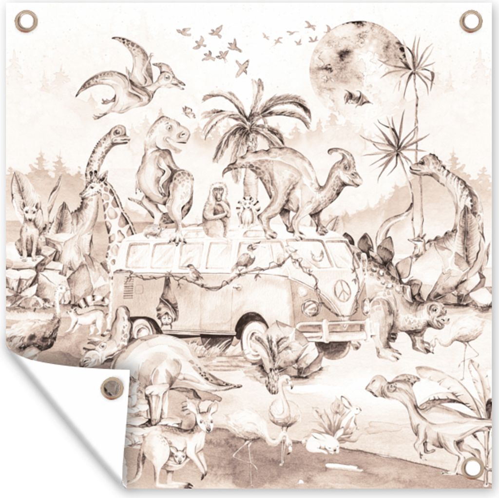 MuchoWow 50x50 cm Outdoor-Poster Gartendeko Sichtschutz Garten Poster für den Garten Dinosaurier - Bus - Kinder - Tiere - Bäume