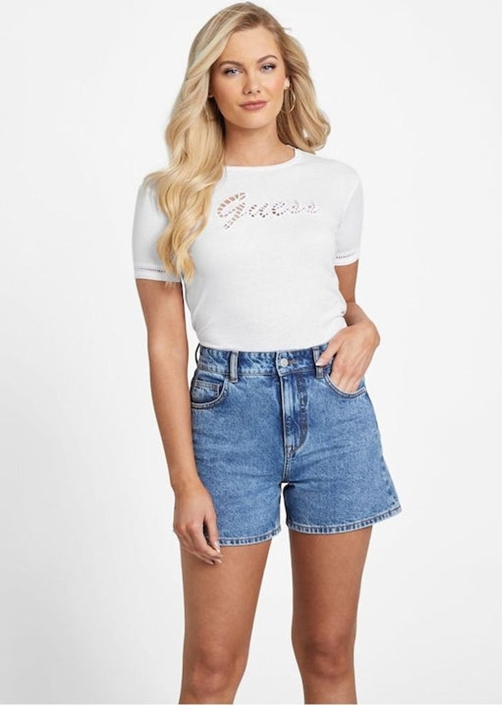 Weißes T-Shirt für Damen von Guess, Bluse aus Baumwolle, Größe S