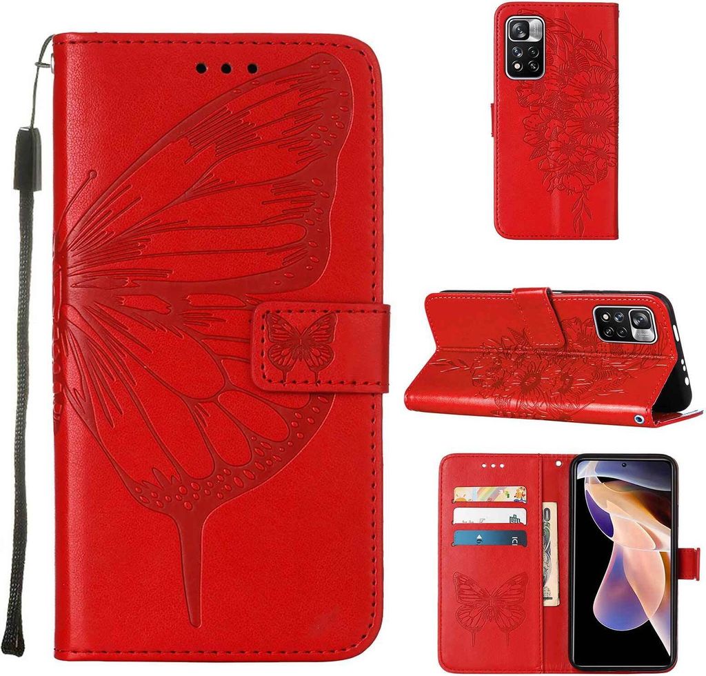 Xiaomi Poco X4 NFC Hülle, Schmetterling Prägung Flip Leder Kartenfächer Schutzhülle Ledertasche mit Ständer für Xiaomi Poco X4 NFC Rot