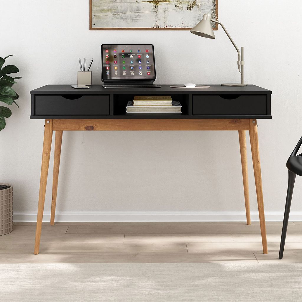 Schreibtisch STEFANO schwarz / Eichefarben - Bürotisch mit 2 Schubladen und Fach aus Massivholz, Home Office Tisch, moderner Arbeitstisch