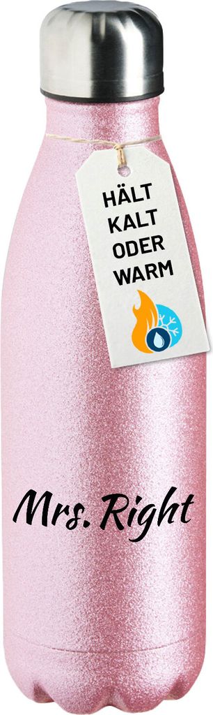 Huuraa Trinkflasche Mrs. Right Schriftzug 500ml Pink Edelstahl Wasserflasche Trinkflasche Geschenkidee