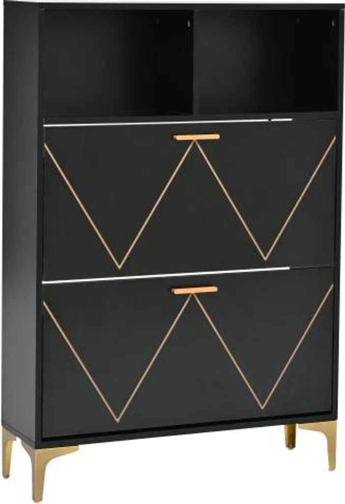 80x25x117cm Schwarz Schuhschrank Mit 2 Klapptueren 4 Schuhablagen 2 Halboffene Faecher Sideboard Wohnzimmerschrank Erhoehtes Tischbeindesign MDF Me...