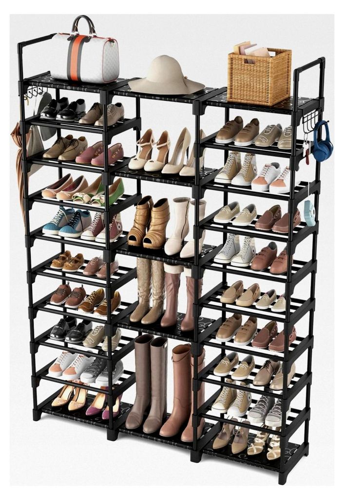 Schuhregal mit 10 Ebenen zur Schuhaufbewahrung, DIY Schuhablagen aus Metall, für 54-62 Paar Schuhe, platzsparend, Standregal mit Haken für Eingan...