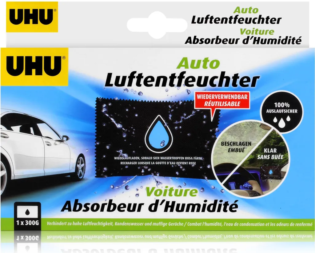 UHU Déshumidificateur pour voiture 300g - Absorbeur humidité réutilisable