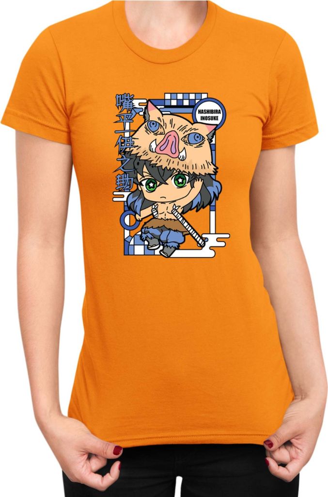 Damen T-Shirt Demon Anime Slayer Kimetsu No Yaiba Chibi Inosuke Hashibira, Lady L / Orange