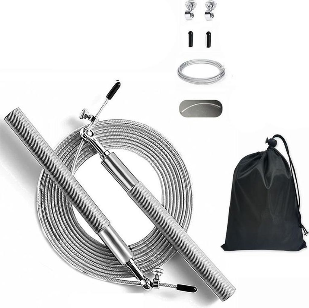 INF 1,2cm Stahlseil Springseil Set mit Ersatzseil und Aufbewahrungstasche Silber