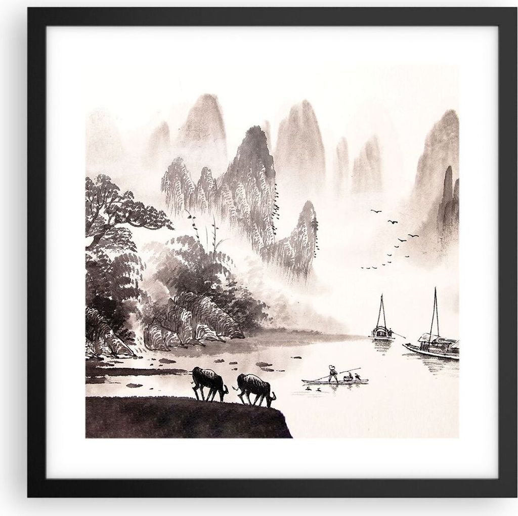 Gerahmtes Poster - Schwarzer Rahmen - Chinesisch Landschaft Aquarell - 40x40 cm - Wand Bild - Wanddeko - Wandbilder - Wandposter - Bilderrahmen - B...