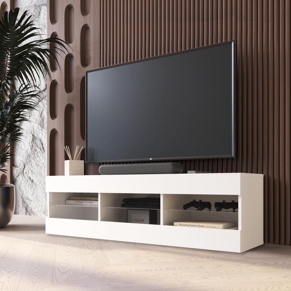 Komodee TV Schrank Tivoli, Weiß/Weiß, Breite 140cm x Höhe 40,5cm x Tiefe 35,5cm, ohne LED, für Wohnzimmer, Schlafzimmer