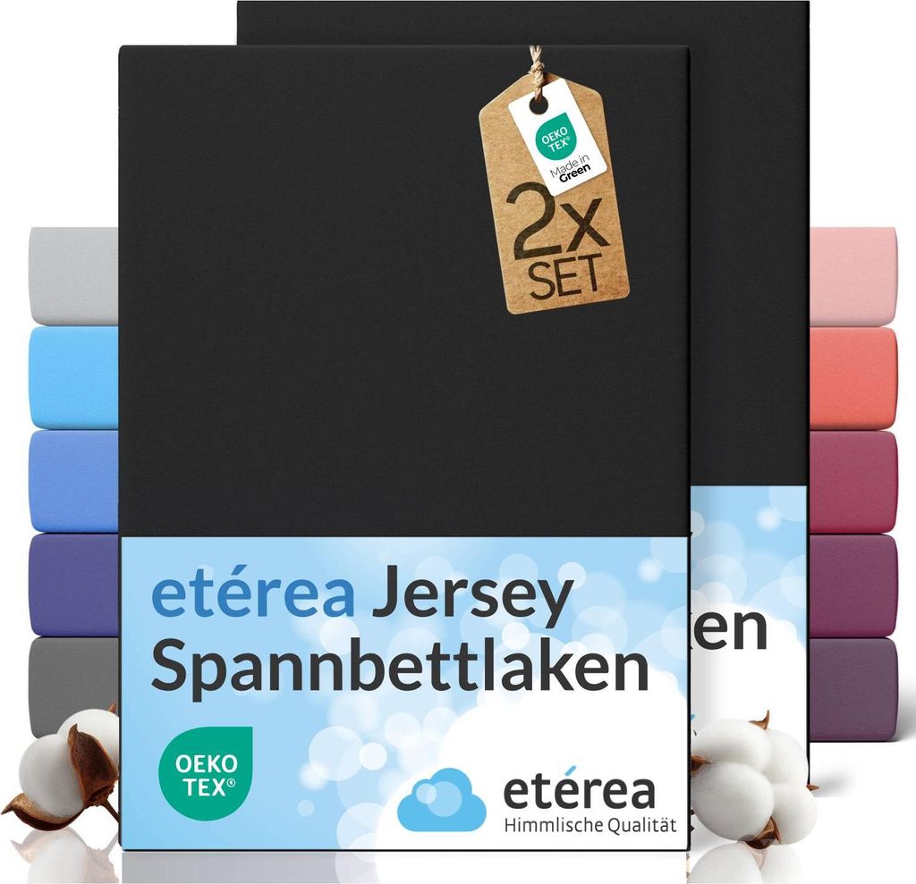 etérea Spannbettlaken Jersey 2 Stück - 140x200 cm - Bettlaken - 100 % Baumwolle - Schwarz
