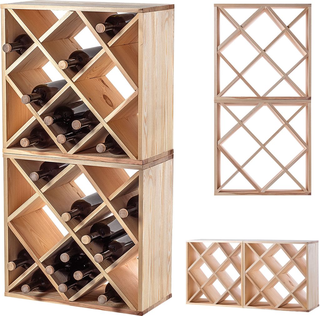 Two stacked wooden wine racks and two separate wooden wine rack frames are shown against a white background.
