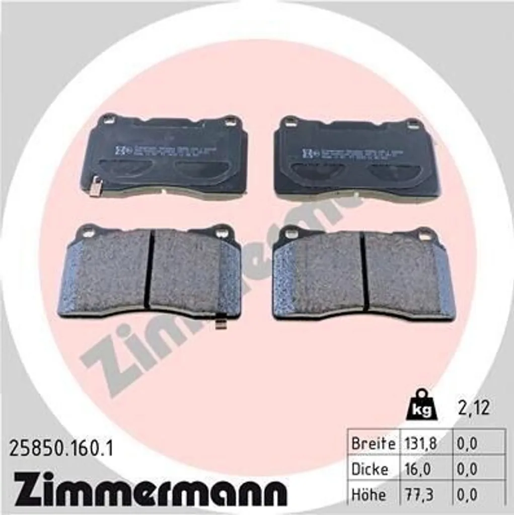 Plaquettes de Frein Zimmermann Haute Résistance 25850.160.1 Megane et Civic