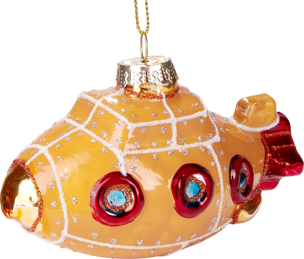A yellow glass Christmas ornament shaped like a submarine, with red and blue accents.