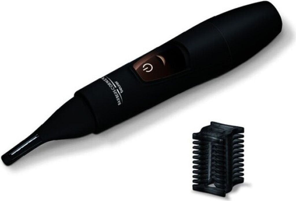 A black precision trimmer and an accessory are shown against a white background.